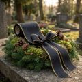 Elegant moiré wreath ribbon, 175mm black with pearl edge and taffeta weave, decorative ribbon for funeral floristry, bow ribbon, 25m | Floristik24.co.uk