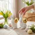 Rabbits with gold egg, ceramic rabbits for Easter noble white, golden H13cm 2pcs | Floristik24.co.uk
