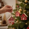 Red Christmas houses for hanging, paper and wood, 5.5cm, set of 6 | Floristik24.co.uk