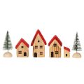 Wooden Decorative House Set with Red Roofs and Green Trees, 12cm, 6 Pieces | Floristik24.co.uk