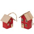 Set of 6 Hanging Wooden Houses, Scandinavian Style, Red/Natural, 7cm | Floristik24.co.uk