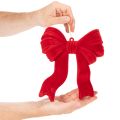 Red Flocked Decorative Bow with Hanging String for Indoor Christmas Decor - 22cm | Floristik24.co.uk