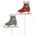 Floristik24 Deco plug ice skates, Christmas decoration, wooden plug grey, red L32cm 8pcs