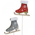 Floristik24 Deco plug ice skates, Christmas decoration, wooden plug grey, red L32cm 8pcs