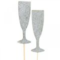 Floristik24 New Year&#39;s Eve decoration champagne glass silver flower plug 9cm 18pcs