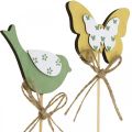 Floristik24 Plug bird butterfly, wood decoration, plant plug spring decoration green, yellow L24/25cm 12pcs