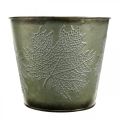 Floristik24 Decorative bucket with leaf decoration, autumn pot, metal decoration green Ø17cm H14.5cm