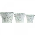 Floristik24 Sheet metal bucket with embossing, planter with handles white, green shabby chic H22/19.5/17.5 cm Ø25.5/20.5/15.5 cm set of 3