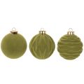 Set of 12 Moss Green Flocked Christmas Baubles, 8cm, Plastic | Floristik24.co.uk