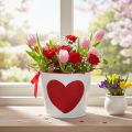 White flower pot with red heart, planter, Ø13cm H10.5cm | Floristik24.co.uk
